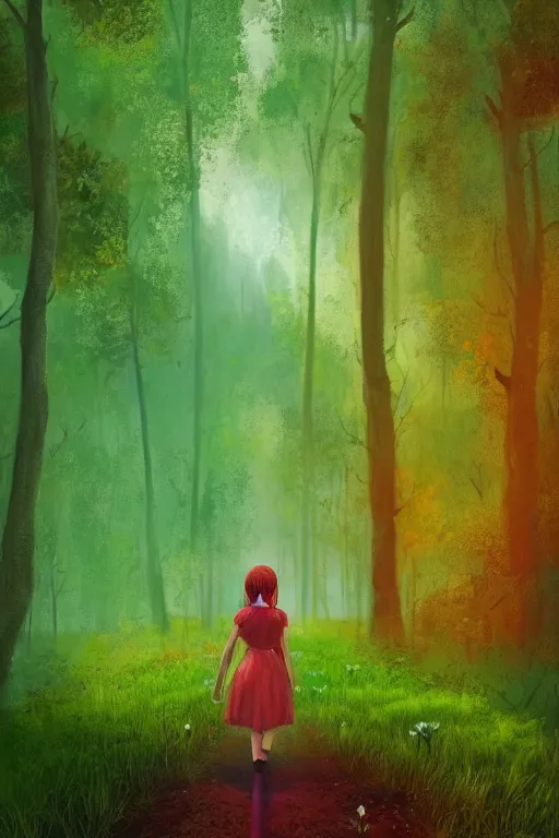 Image similar to giant daisy flower head, girl walking in a green forest, surreal photography, sunrise, dramatic light, impressionist painting, colorful clouds, digital painting, artstation, simon stalenhag