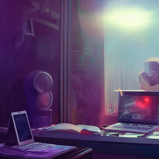 Image similar to Mozart listening on his laptop to sick beats on spotify, artstation, digital painting, 4k, light ray, particles