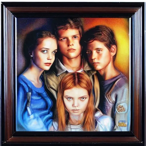 Image similar to four siblings standing together, airbrush art, drew struzan illustration art, key art, portrait