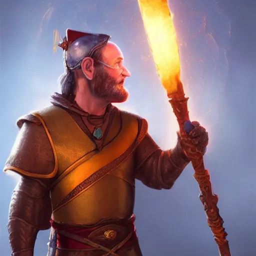 Prompt: Robin Williams wearing lavish medieval tunic holding a glowing fire magical staff. Trending on Artstation, octane render, ultra detailed, art by Ross tran