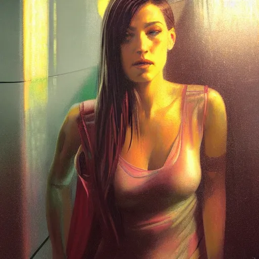 Image similar to detailed face of a woman, moment, cyberpunk cloisters, electronic billboards, tech noir, wet reflections, prism, atmospheric, ambient, pj crook, syd mead, livia prima, greg rutkowski, edward hopper