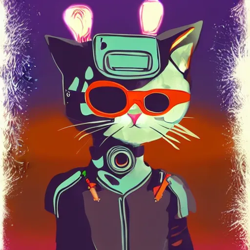 Image similar to happy birthday! cat in cyberpunk outfit