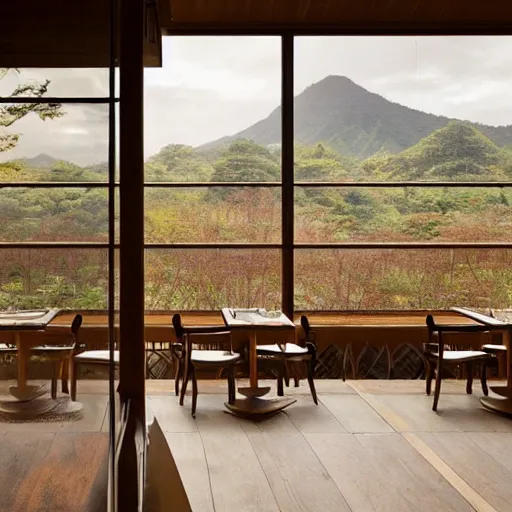 Prompt: ! dream innovative interior design of a restaurant in rural japan, neutral wooden materials, floor - to - ceiling windows with views of nature, greg rutkowski