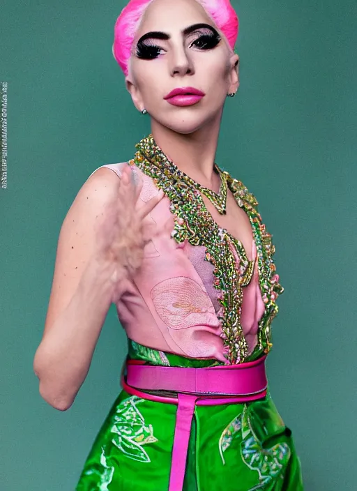 Image similar to portrait of lady gaga wearing green kebaya with pink silk belt and batik skirt, by charlotte grimm, natural light, detailed face, beautiful features, symmetrical, canon eos c 3 0 0, ƒ 1. 8, 3 5 mm, 8 k, medium - format print, half body shot