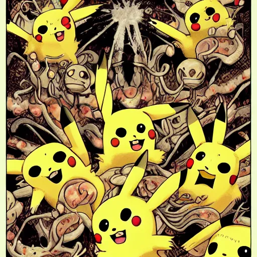 Prompt: 9 pikachu in the desert, torment, suffering, drawn by junji ito, digital art, horror, trending on artstation, fine details, intricate, highly detailed