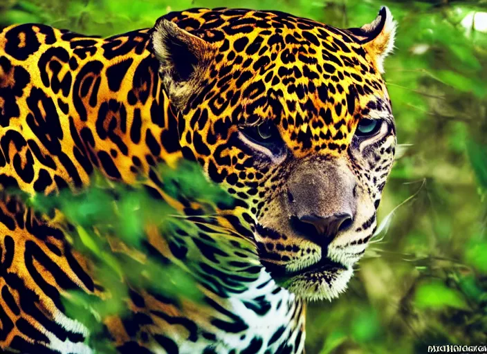 Prompt: jaguar the animal in the forest but it has the body of a jaguar car, professional natural geographic jungle photo