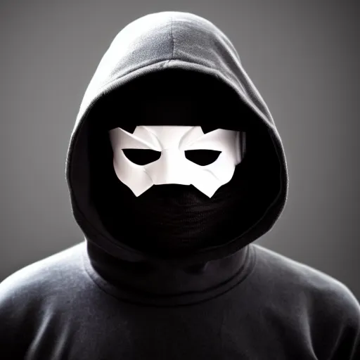 Image similar to realistic photo of hacker in anonymous mask, black, close up, front view, background, hood, extremely detailed, sharp focus, masterpiece,