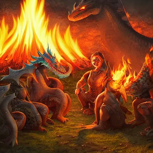 Image similar to dragons roasting kebabs near campfire, fire, magic, power metal album cover, fantasy epic legends game icon stylized digital illustration radiating a glowing aura global illumination ray tracing hdr fanart arstation by ian pesty and katarzyna da „ bek - chmiel