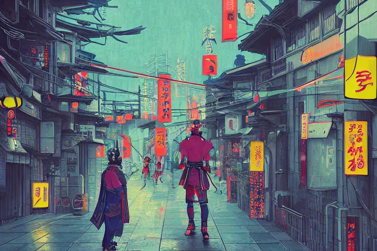 Image similar to neon japanese samurai walking in the streets of modern tokyo, illustration painting, intricate, detailed illustration, hd, digital art, overdetailed art, concept art, complementing colors, detailed, illustration painting by leonardo da vinci, digital art, overdetailed art, concept art, complementing colors rendered by beeple, syd meade,