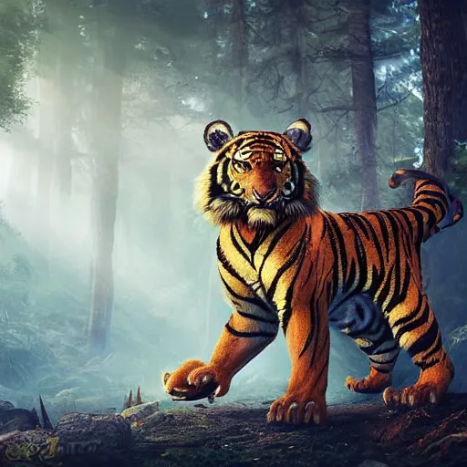 Image similar to a dragon and a tiger hybrid in the forest, dynamic lighting, photorealistic concept art, stunning visuals, creative, cinematic, ultra detailed, best detail