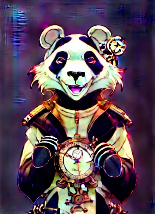 Image similar to don bluth, loish, artgerm, joshua middleton, steampunk, clockpunk anthropomorphic panda, full sailor suit, symmetrical eyes symmetrical face, colorful animation forest background