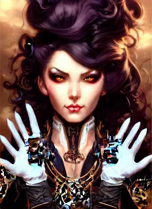 Image similar to front portrait hiding hands pose of attractive Lady Mechanika with wavy hair using white gloves, hands behind her!, Intricate steampunk imagery , D&D!, fantasy style, sharp focus!, ultra detailed, art by Artgerm and Peter Andrew Jones, WLUP