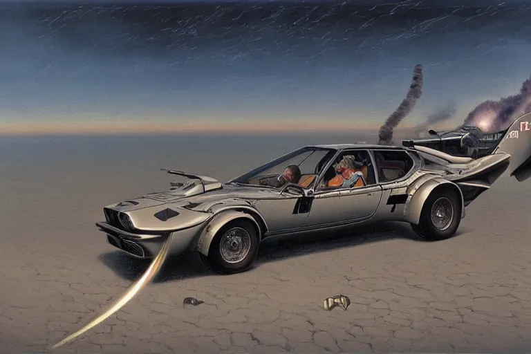 Prompt: bmw m 1 with rocket engines breaking the sound barrier across salt flats dieselpunk by caspar david friedrich and wayne barlowe and ted nasmith