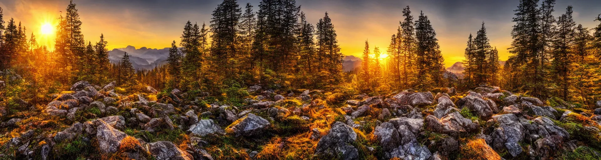 Image similar to epic forest mountain landscape with a majestic sunrise, high detail, high definition, photorealistic, 8k, hdr,