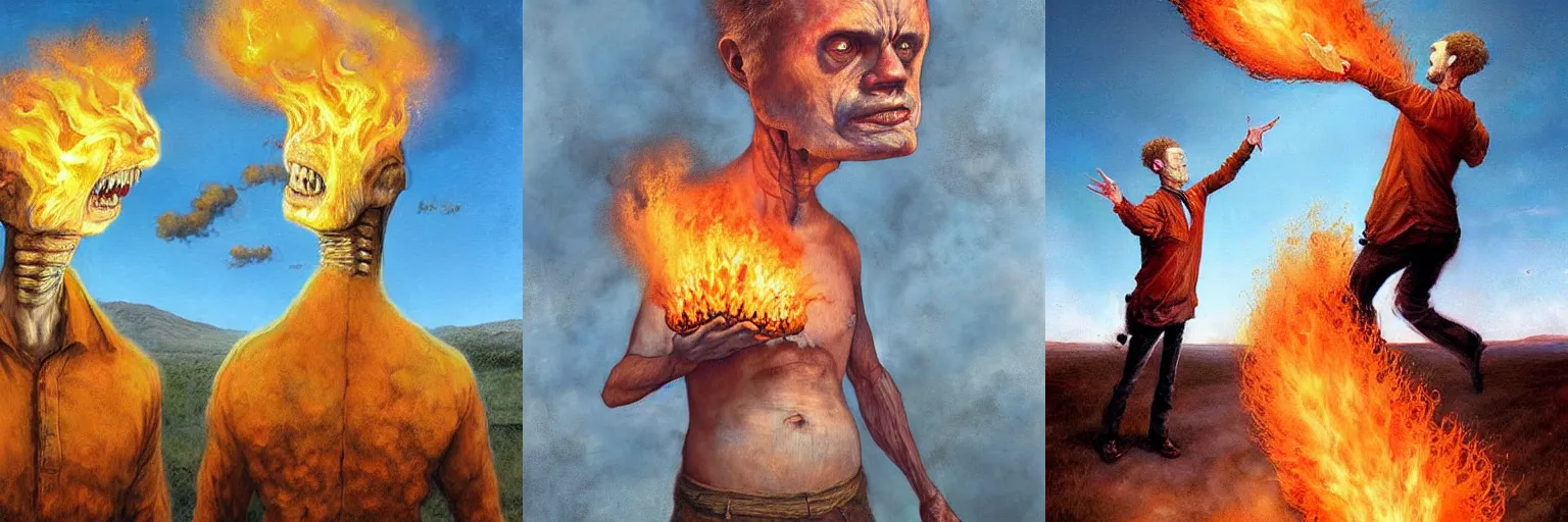 Prompt: a 2 headed man breathing fire by Esao Andrews