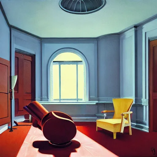 Prompt: art deco living room, open ceiling, highly detailed, very coherent, painted by Francis Bacon and Edward Hopper, Wayne Barlowe, painted by James Gilleard, surrealism, airbrush, art by JamesJean