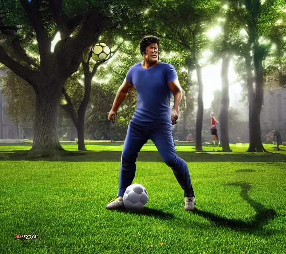 Prompt: hulk playing soccer in the park, ultra realistic, hdr, 8 k, award winning, by joe jusko