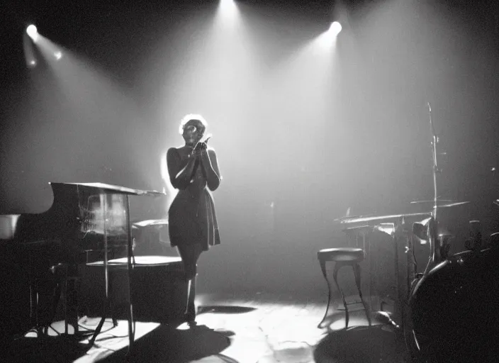 Prompt: a photograph of a black jazz singer, 1 9 3 0 s jazz club, smokey room, medium low angle, spotlight on singer