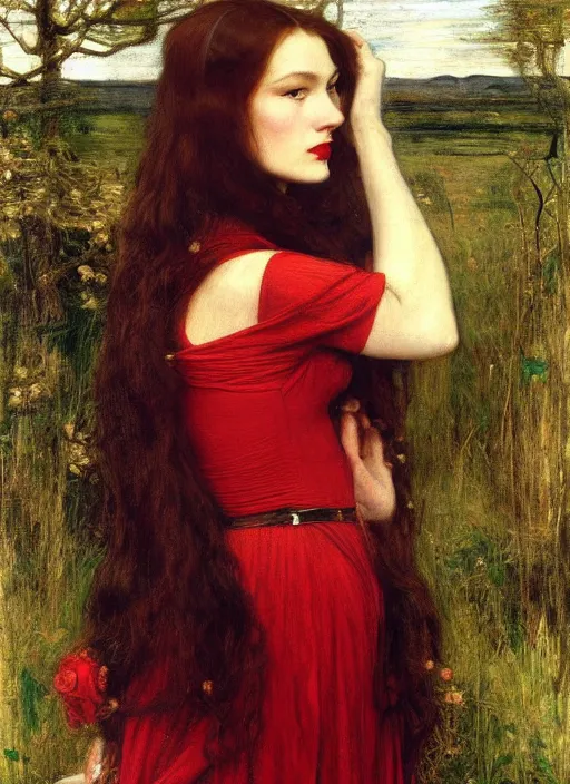 Image similar to a beautiful painting of veronica lake by John Everett Millais and Dante Gabriel Rossetti and John Collier and john william waterhouse, pre-raphaelite, detailed, trending on artstation, hd, masterpiece