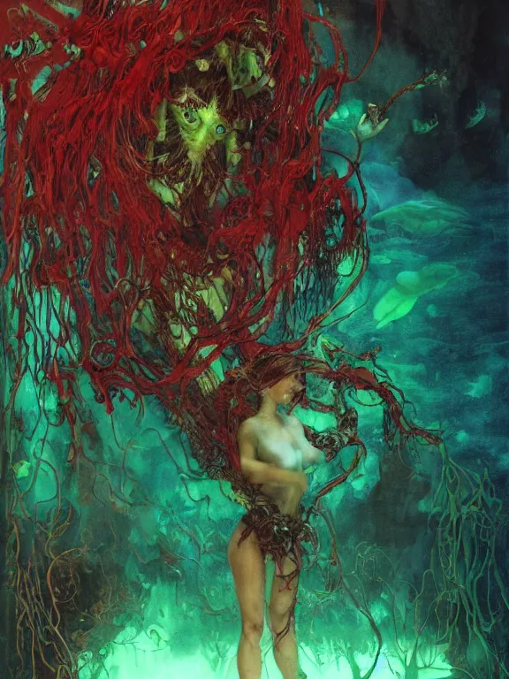 Image similar to ( underwater ) middle length portrait of a living goo on a ( glowing cyborg leshy girl ), cinematic light, looking to the side off camera, backlight glow, green bright red, mist, by mikhail vrubel, by philippe druillet, by peter elson, by gerald brom, muted colors, extreme detail, trending on artstation, 8 k