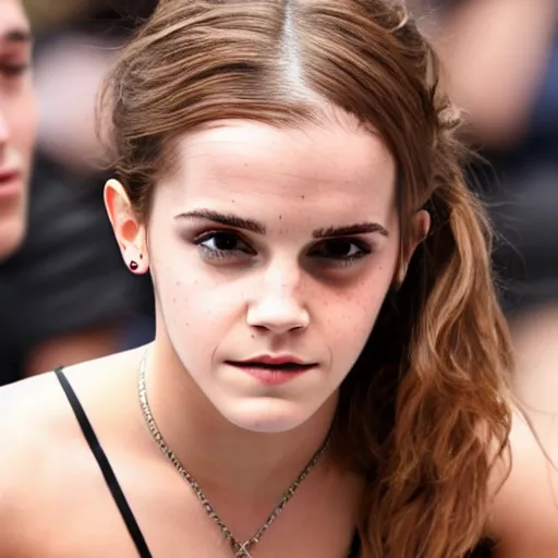 Image similar to A photo of tough looking emma watson. she has rings on his fingers. 50 mm.