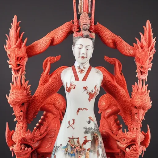 Image similar to museum angeline joile statue monument made from chinese porcelain brush face hand painted with iron red dragons full - length very very detailed by rutkowski symmetrical well proportioned