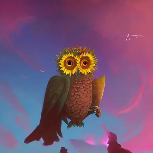 Prompt: beautiful peter mohrbacher illustration of a sunflower owl. 4k hq trending on artstation
