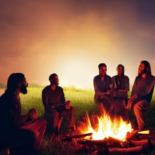Image similar to jesus talking with 6 people around a campfire, realistic