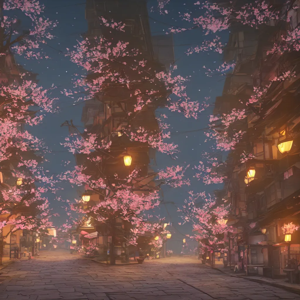 Image similar to Japanese street at night, cherry blossom petals, highly detailed, 3D render, digital art, artstation, 8K photography, matte photo-realistic, vivid colors, moody cool temperature, by Hayao Ghibli Miyazaki, breath of the wild style