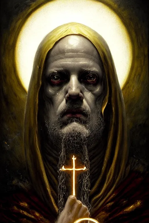Image similar to a painting of a portrait of the high pontifex of eldritch occult with a halo on his head, golden halo, a detailed painting by santiago caruso, official art by greg rutkowski, a character portrait by seb mckinnon,, gothic art, apocalypse art, antichrist, grotesque, elder, skin, gouache, sinew, artstation