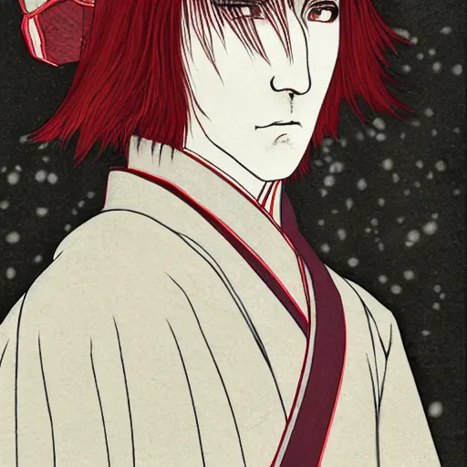 Image similar to detailed portrait of snape samurai with a wand, in snow forest sakura cherry blossom, hakama kimono, trending on artstation elite, elegant, luxury, by krenz cushart, junji ito, takato yamamoto, perfect face, fine details, realistic shaded, fine - face, pretty face