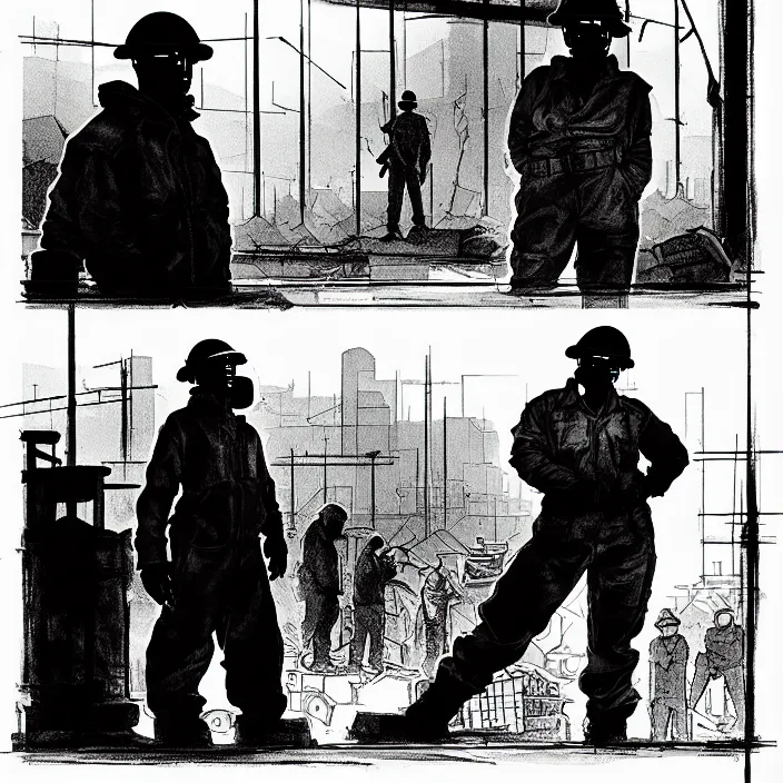 Image similar to elisabeth biyundar as a miner waits in a queue. outside a coal mine. storyboard, scifi cyberpunk. by gabriel hardman, joe alves, chris bonura. cinematic atmosphere, detailed and intricate, perfect anatomy