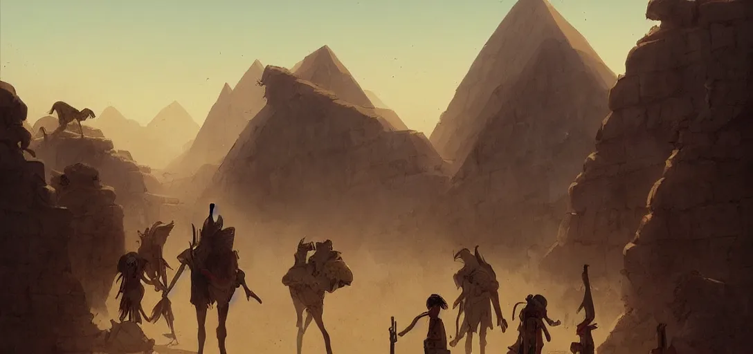 Prompt: egyptian landscape, desert, zombies, by studio ghibli and greg rutkowski,