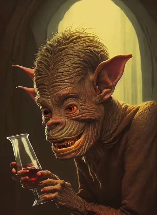 Image similar to highly detailed closeup portrait of a medieval goblin drinking wine, stephen bliss, unreal engine, greg rutkowski, ilya kuvshinov, ross draws, hyung tae and frank frazetta, tom bagshaw, tom whalen, nicoletta ceccoli, mark ryden, earl norem, global illumination, god rays, detailed and intricate environment