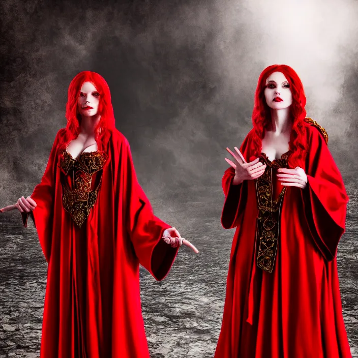 Prompt: photograph of a real-life beautiful red witch with ornate robes. Extremely detailed. 8k