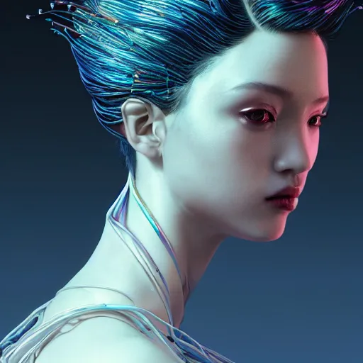 Image similar to the portrait of an absurdly beautiful, graceful, sophisticated, fashionable cyberpunk gravure idol, an ultrafine hyperdetailed illustration by kim jung gi, irakli nadar, matt wisniewski, intricate linework, iridescent wiring, porcelain skin, unreal engine 5 highly rendered, global illumination, radiant light, detailed and intricate environment