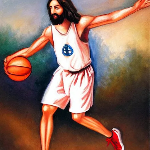 Image similar to Jesus playing basketball in oil painting