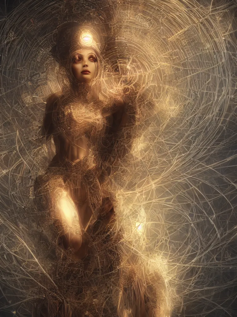 Image similar to a photo of her a mystical goddess woman covered in modular synthesizer parts surrounded by sacred geometry made from elven architecture, full body, perfect face, powerful, cinematic, beautifully lit, by ross tran, by karol bak, 3 d, octane render, 8 k