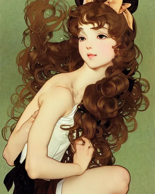 Image similar to A cute painting of a very very beautiful anime skinny squirrel-girl with curly brown colored hair and squirrel ears on top of her head wearing a cute black dress with small ribbon and black shoes looking at the viewer, elegant, delicate, soft lines, higly detailed, smooth , pixiv art, ArtStation, artgem, art by alphonse mucha Gil Elvgren and Greg rutkowski, high quality, digital illustration, concept art, very long shot