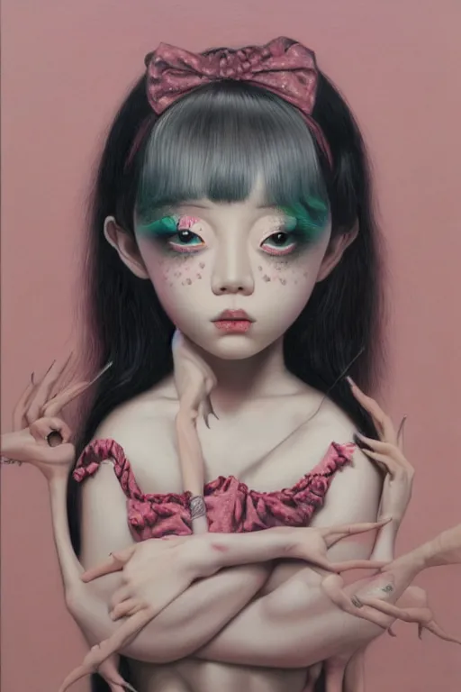 Image similar to pop surrealism, lowbrow art, realistic cute girl painting, japanese street fashion, hyper realism, muted colors, mark ryden, trevor brown style