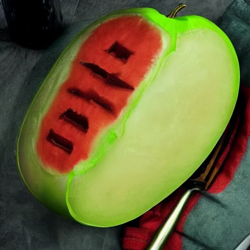 Image similar to half man half melon, killer, knife, dark and moody