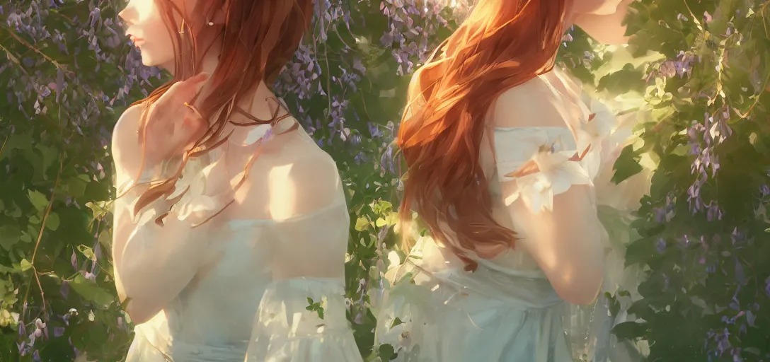 Image similar to a beautiful southern woman named Savannah, innocent, somber turquoise eyes, freckles, long ginger hair tied with white ribbon, sad under a wisteria plant, gentle lighting, storm in the distance, simple dress, digital art by Makoto Shinkai ilya kuvshinov and Wojtek Fus, digital art, concept art,