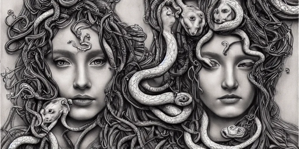 Image similar to realistic portrait of beautiful medusa with her snakes, golden, delicate, facing camera, hyper realism, 1 4 5 0, ink, ultra realistic, 8 k