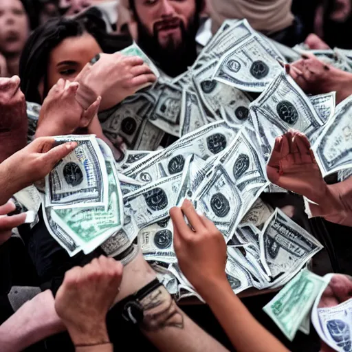 Image similar to Raining $100 bills, crowd fighting over money