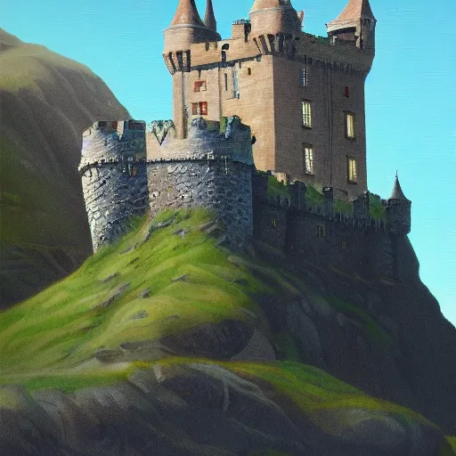 Prompt: an awesome scotish castle painting by peter klasen, moebius, artstation