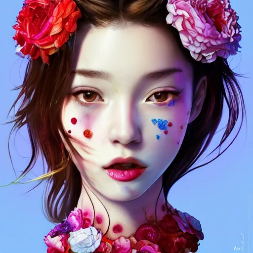 Prompt: the face of absurdly beautiful, graceful, elegant, sophisticated, sensual young teenage gravure idol made of strawberries and colorful petals with tears, an ultrafine photorealistic illustration by kim jung gi, irakli nadar, intricate linework, bright colors, octopath traveler, final fantasy, unreal engine highly rendered, global illumination, radiant light, intricate environment
