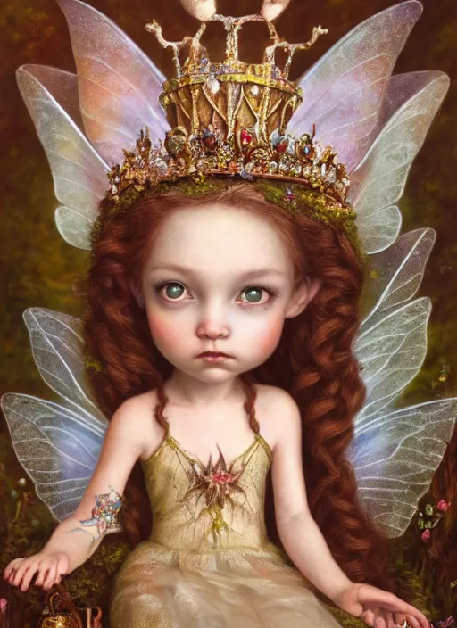 Prompt: highly detailed closeup portrait of a fairy princess wearing a crown and sitting on a throne, nicoletta ceccoli, mark ryden, lostfish, earl nore, global illumination, god rays, detailed and intricate environment