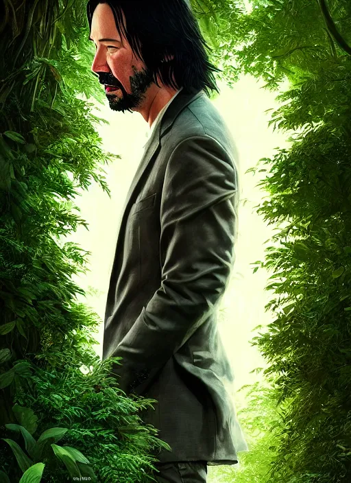 Prompt: highly detailed comedy caper movie poster with silly wacky zany keanu reeves hiding in leaves, keanu reeves face inside a leafy bush by greg rutkowski