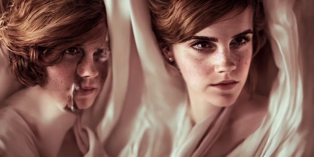 Image similar to colour portrait closeup!! Emma Watson long hair flowing silk robes baroque room candles mirrors cinematic lighting cinematic lighting cinematic lighting stanley kubrick barry lyndon 4k canon 5d mk4