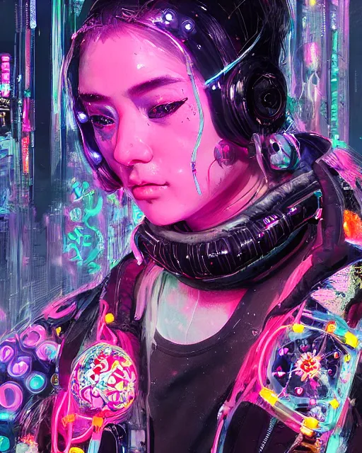 Image similar to detailed portrait Neon Operator Girl, cyberpunk futuristic neon, reflective puffer jacket, black leggings, decorated with traditional Japanese ornaments by Ismail inceoglu dragan bibin hans thoma !dream detailed portrait Neon Operator Girl, cyberpunk futuristic neon, reflective puffy coat, decorated with traditional Japanese ornaments by Ismail inceoglu dragan bibin hans thoma greg rutkowski Alexandros Pyromallis Nekro Rene Maritte Illustrated, Perfect face, fine details, realistic shaded, fine-face, pretty face